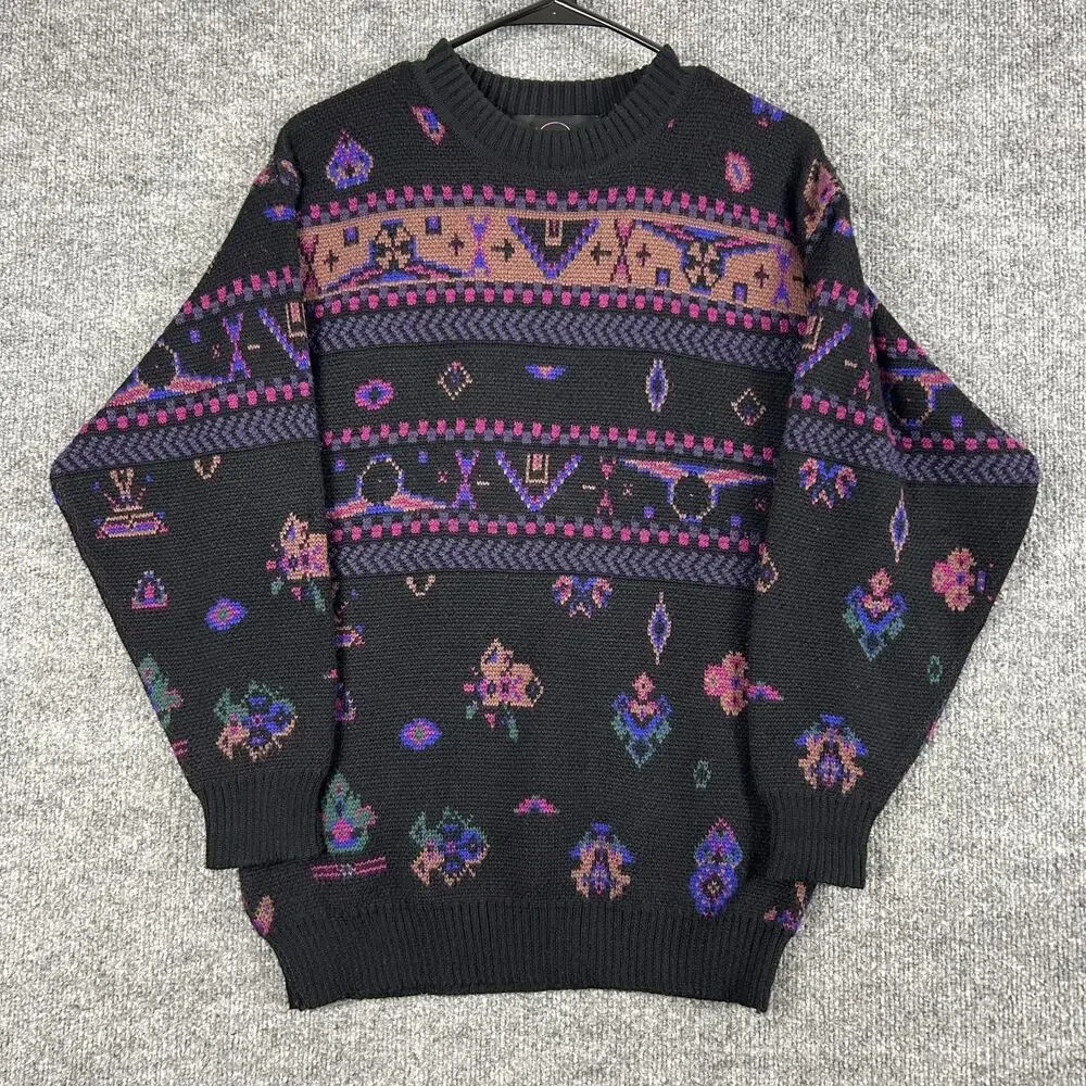 Vintage Bogner Sweater Mens Small Black Fair Isle Knit Crewneck Hong Kong 80s - Picture 1 of 9